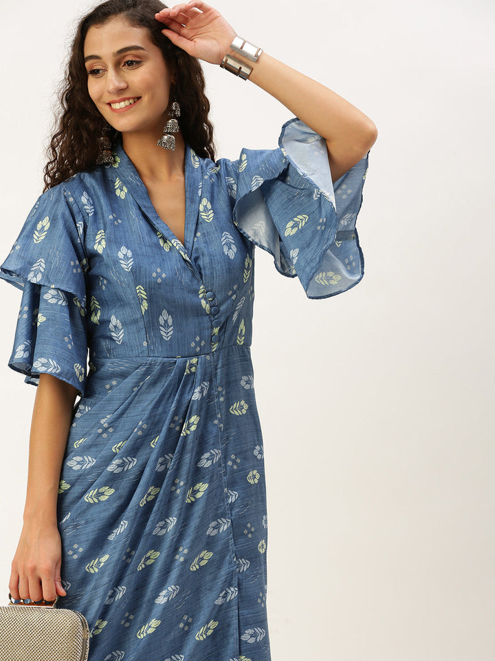 Yale Blue Printed Low Shawl Collar Midi Dress