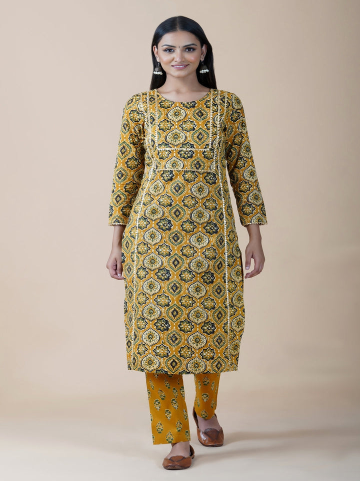 Yellow Ajrakh Print Gota Embellished Kurta