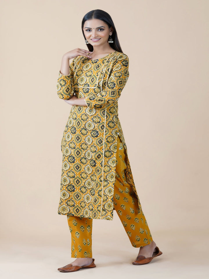 Yellow Ajrakh Print Gota Embellished Kurta