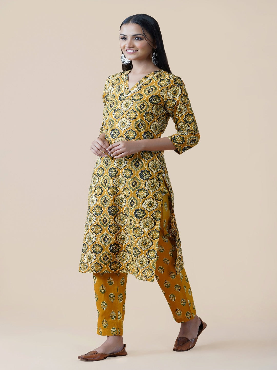 Yellow Ajrakh Print Kurta With Straight Pants