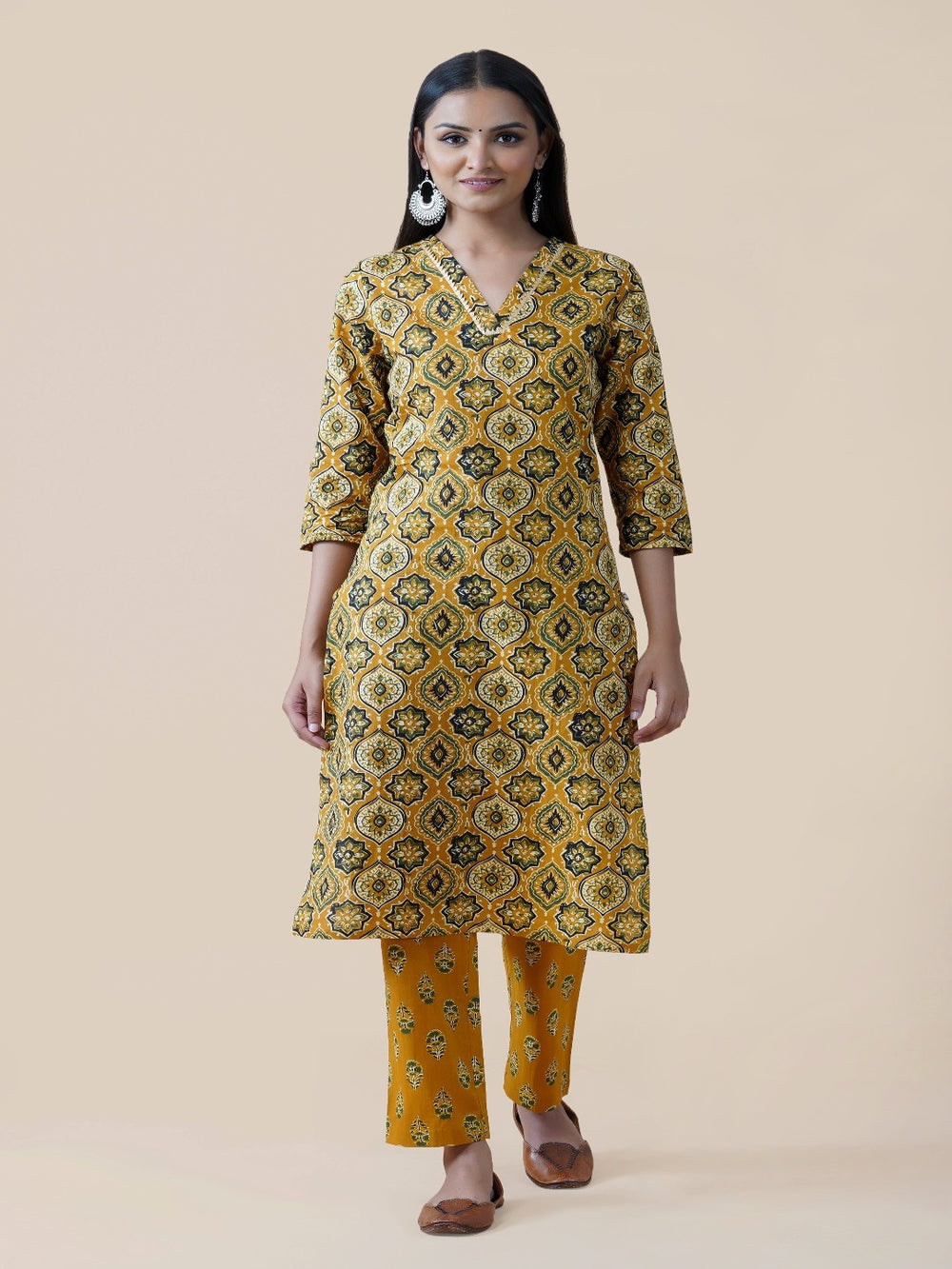 Yellow Ajrakh Print Straight Kurta Only