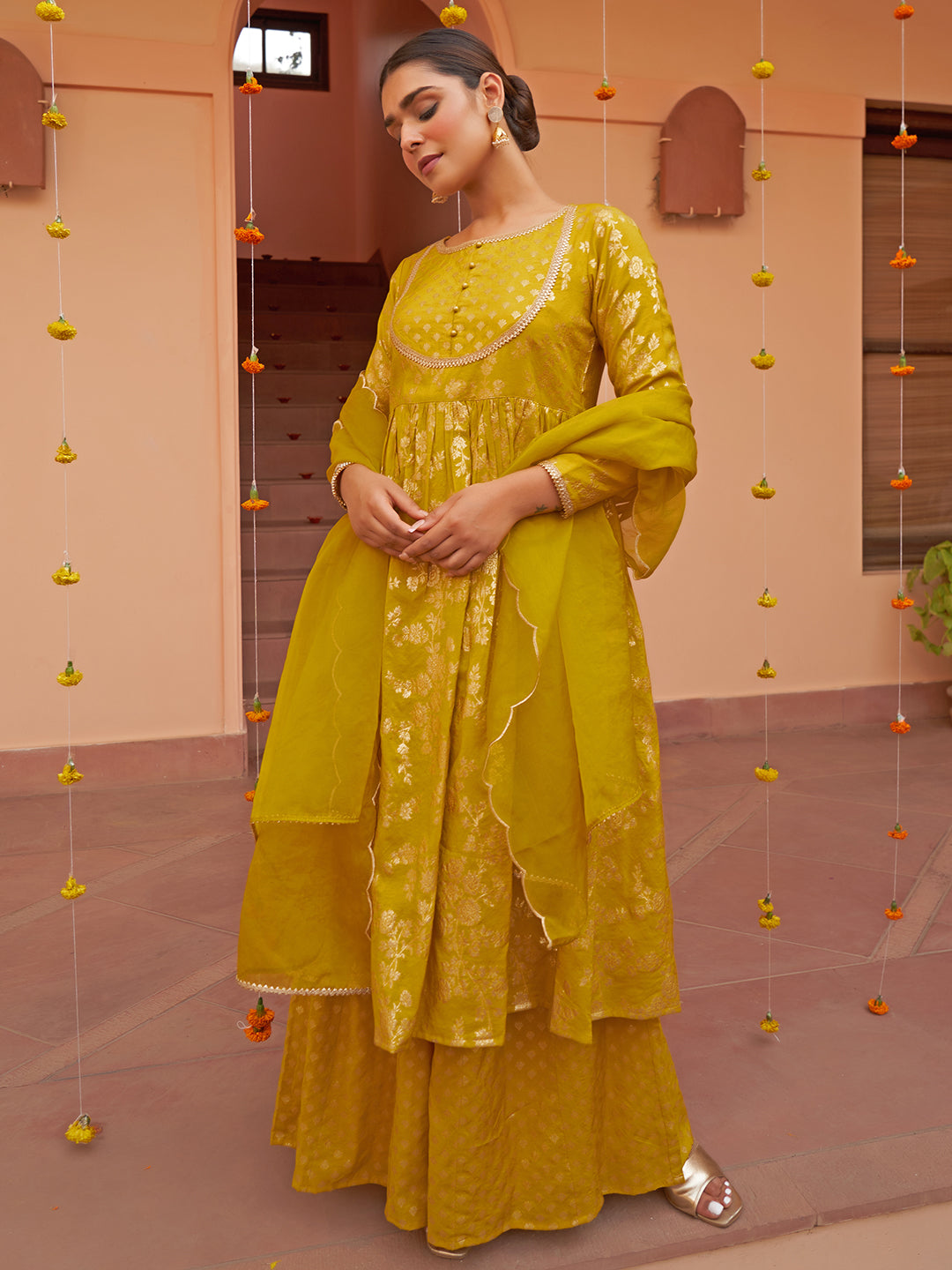 Yellow Brocade Foil Print A-Line Palazzo Suit Set