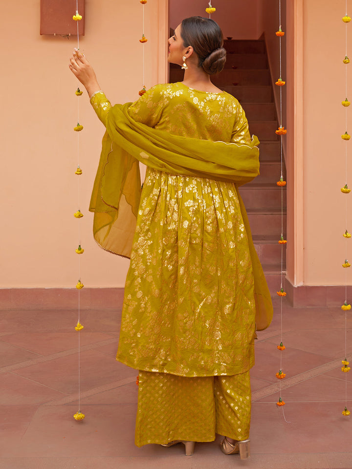 Yellow Brocade Foil Print A-Line Palazzo Suit Set