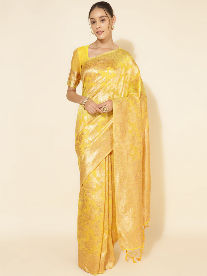 Yellow Chanderi Silk Floral Woven Design Festive Saree