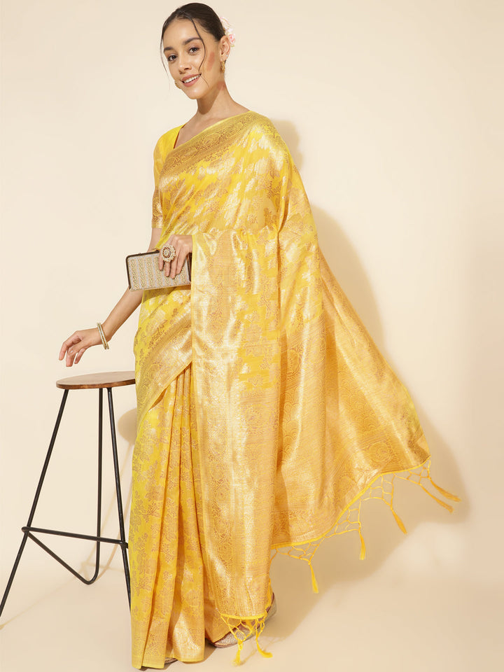 Yellow Chanderi Silk Floral Woven Design Festive Saree