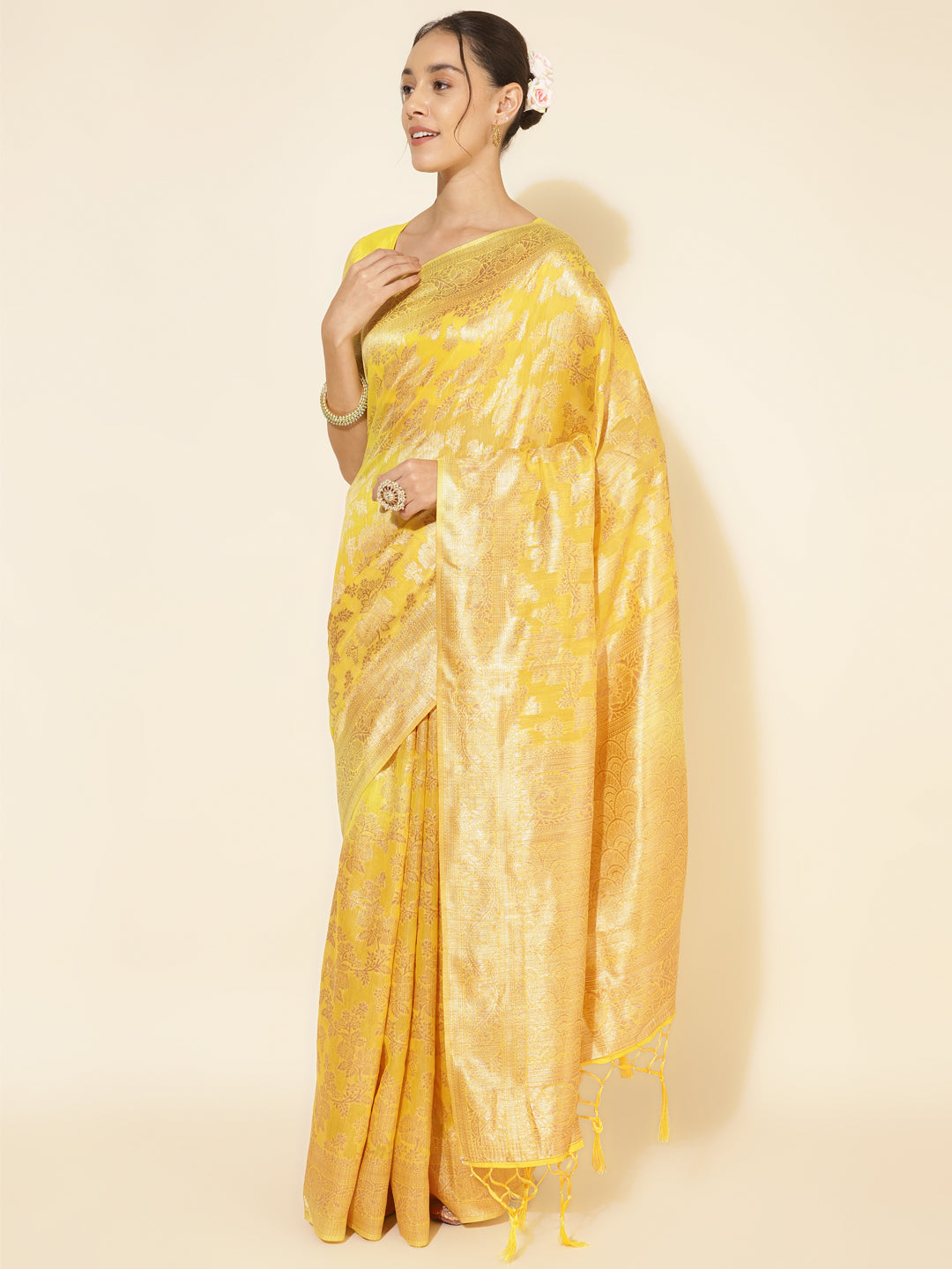 Yellow Chanderi Silk Floral Woven Design Festive Saree