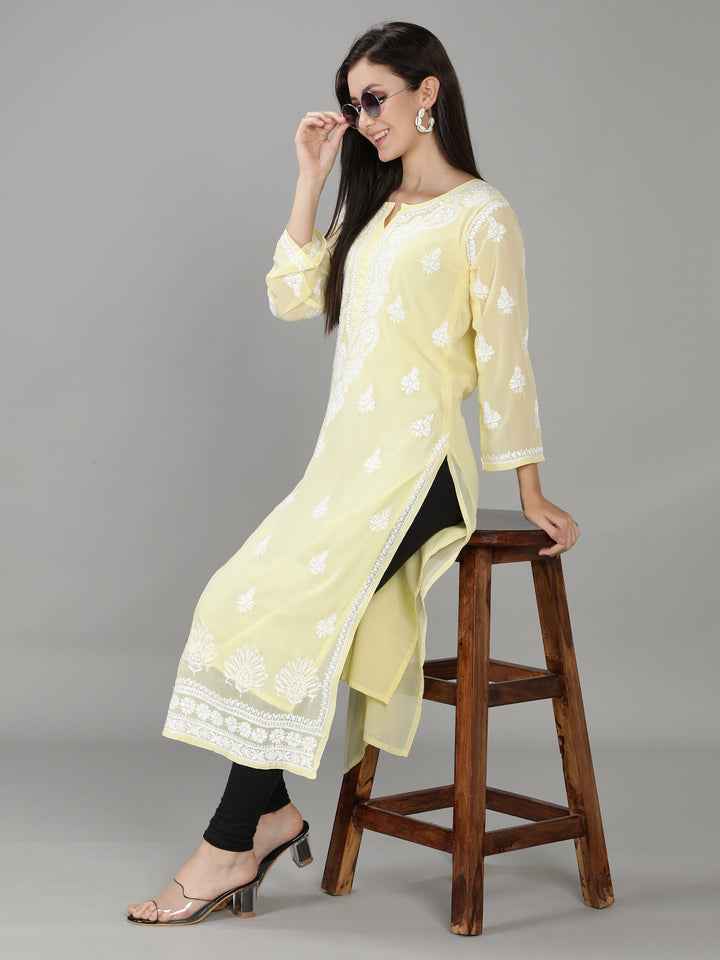 Yellow Chikan Kurta in White Chikan Threadwork