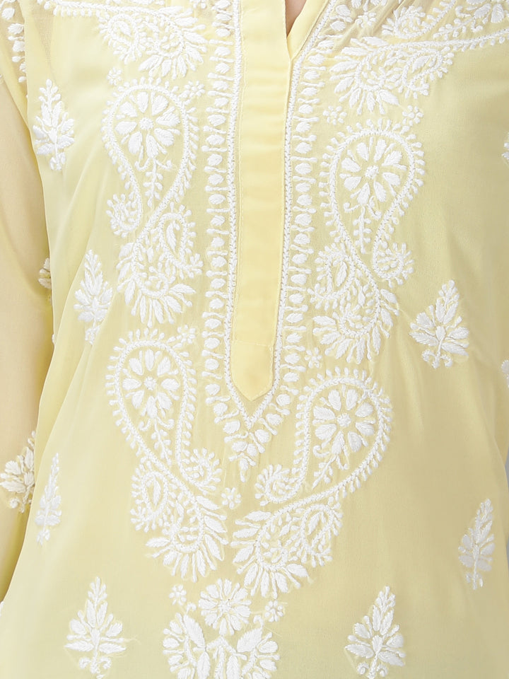 Yellow Chikan Kurta in White Chikan Threadwork