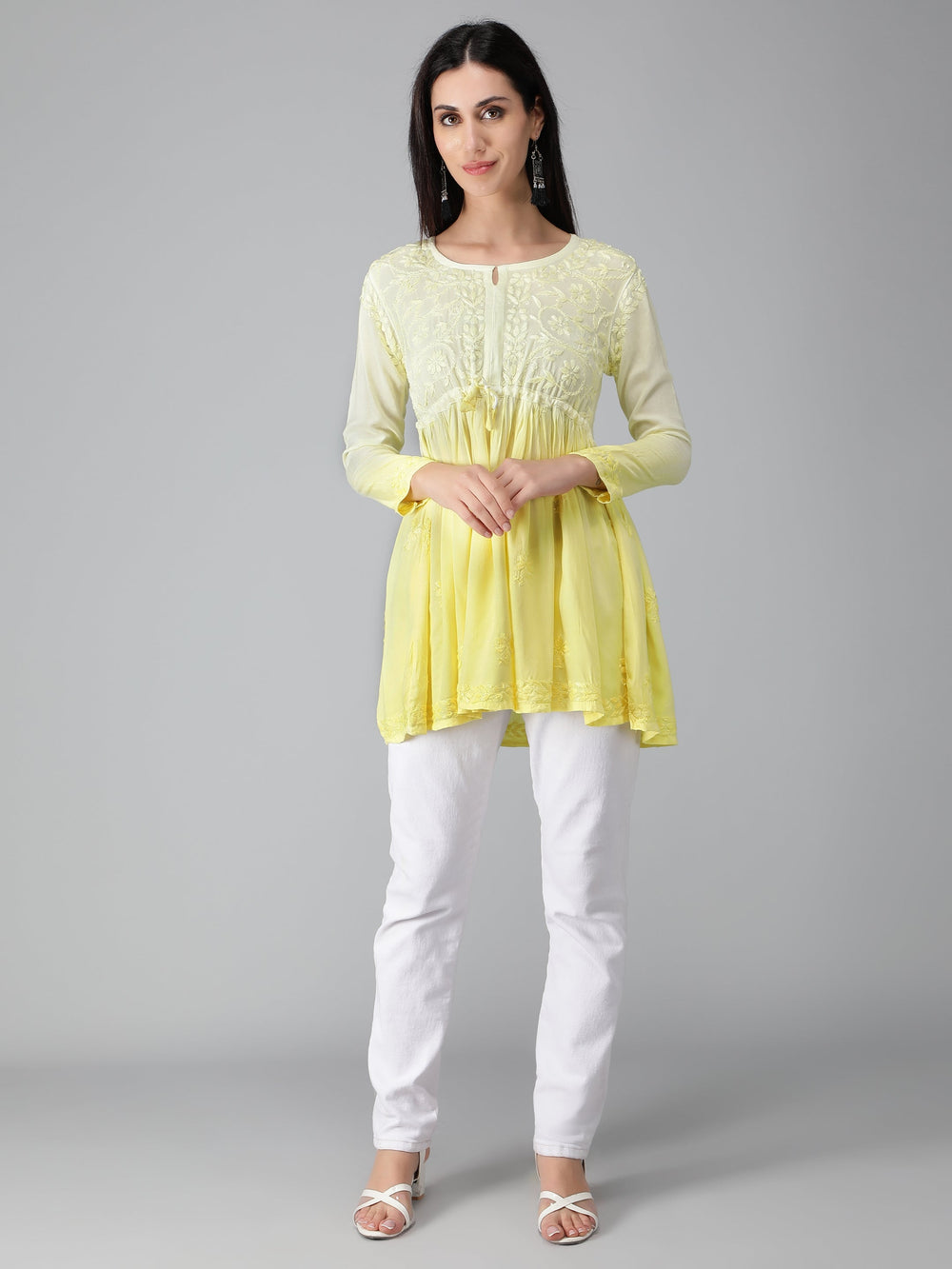 Yellow-Chikankari-Short-Flare-Tunic-Top