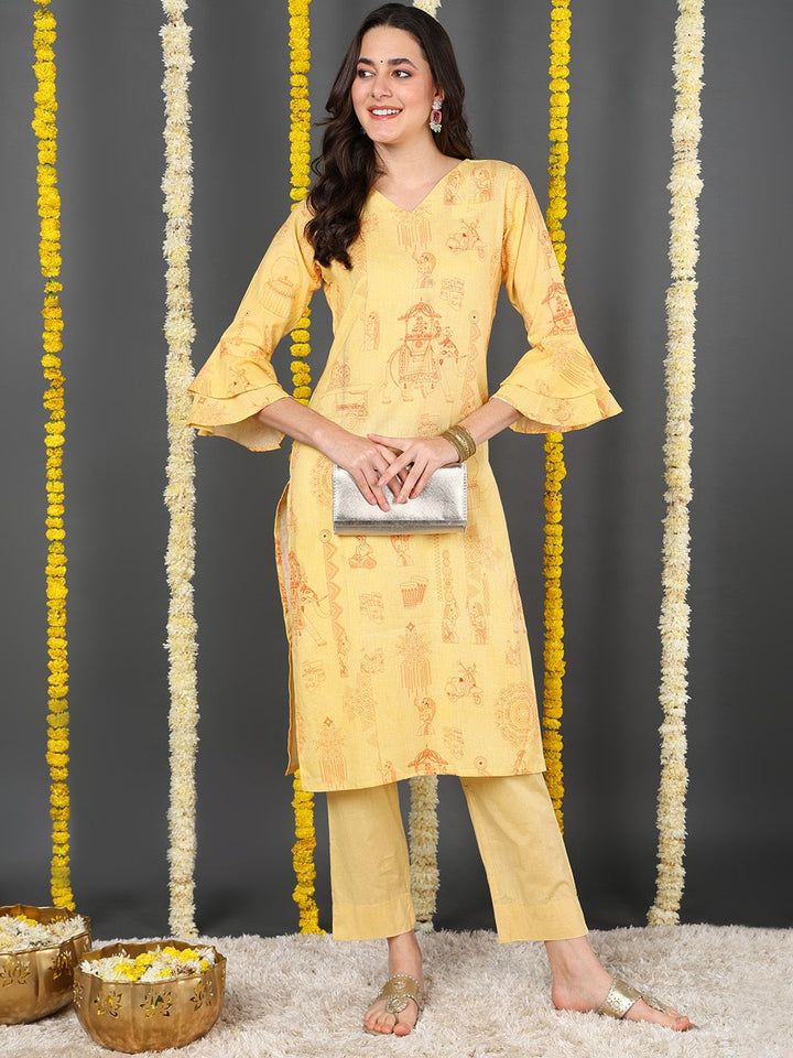 Yellow Cotton  Ethnic Motifs Printed Straight Kurta