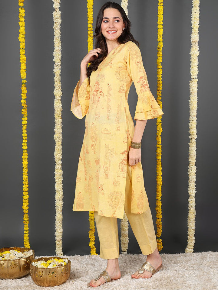 Yellow Cotton  Ethnic Motifs Printed Straight Kurta