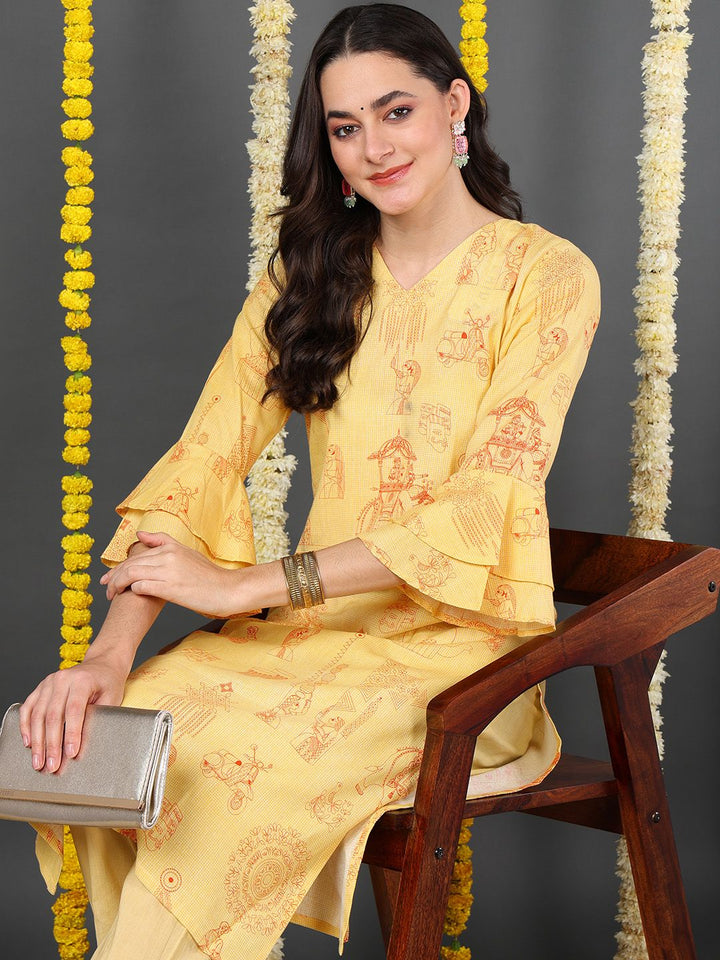 Yellow Cotton  Ethnic Motifs Printed Straight Kurta