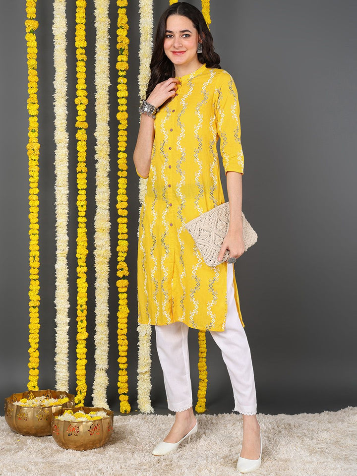 Yellow Cotton Abstract Printed Straight Kurta