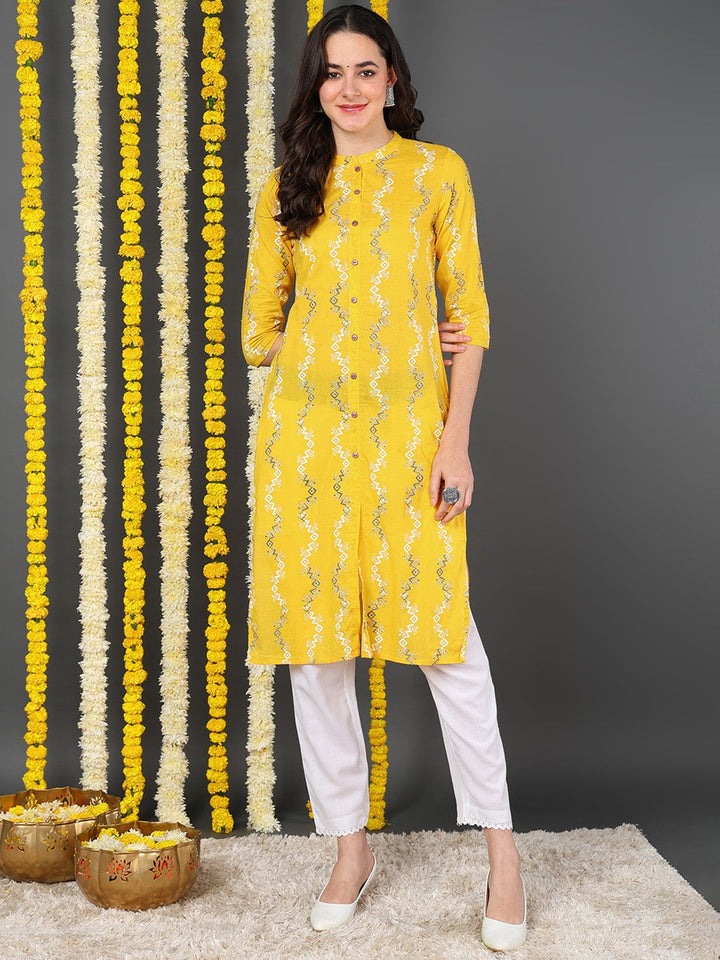 Yellow Cotton Abstract Printed Straight Kurta