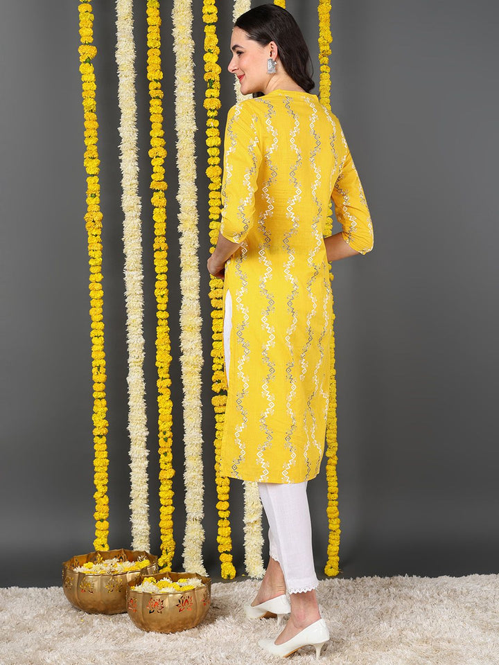 Yellow Cotton Abstract Printed Straight Kurta