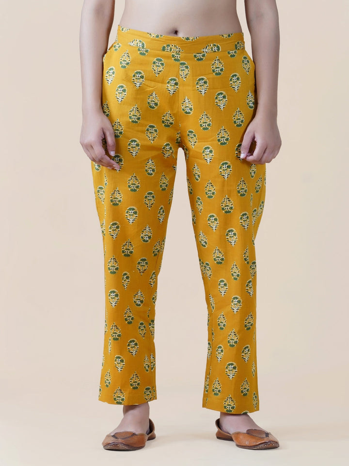 Yellow Cotton Ajrakh Print Straight Pants