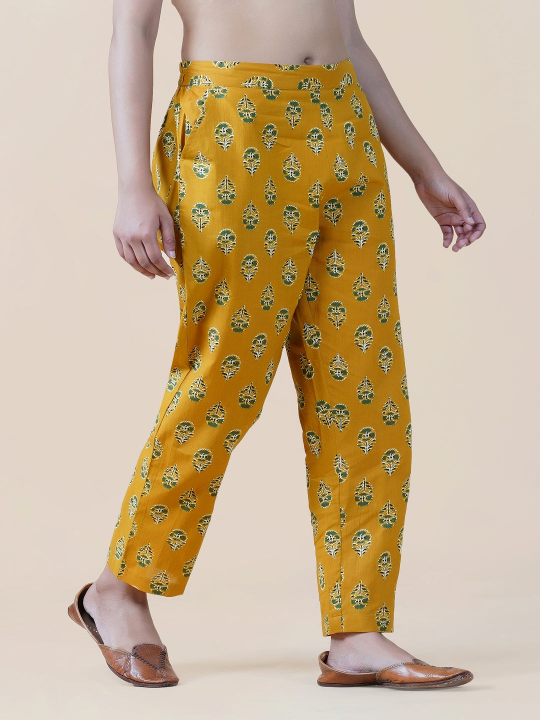 Yellow Cotton Ajrakh Print Straight Pants