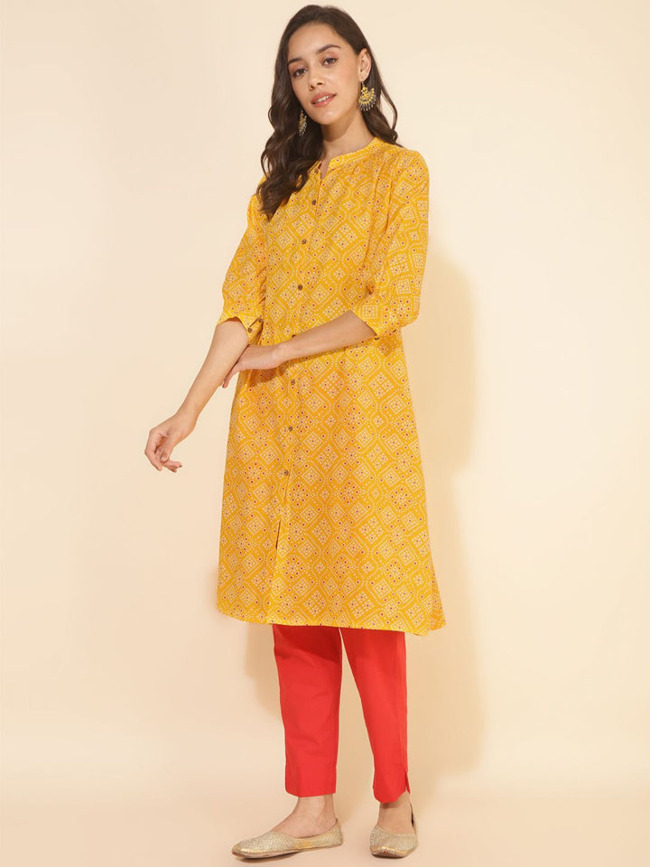 Yellow Cotton Bandhani Printed Kurta