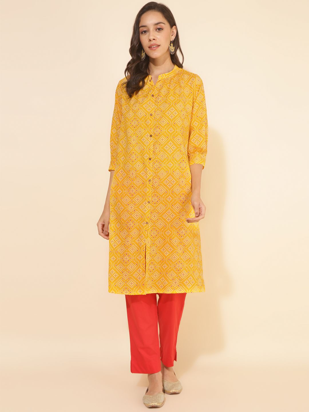 Yellow Cotton Bandhani Printed Kurta