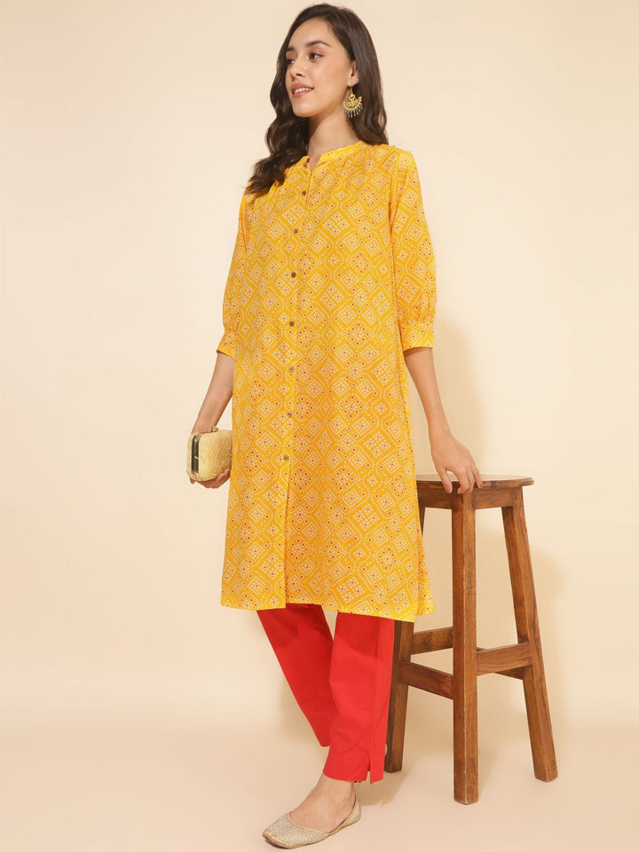 Yellow Cotton Bandhani Printed Kurta