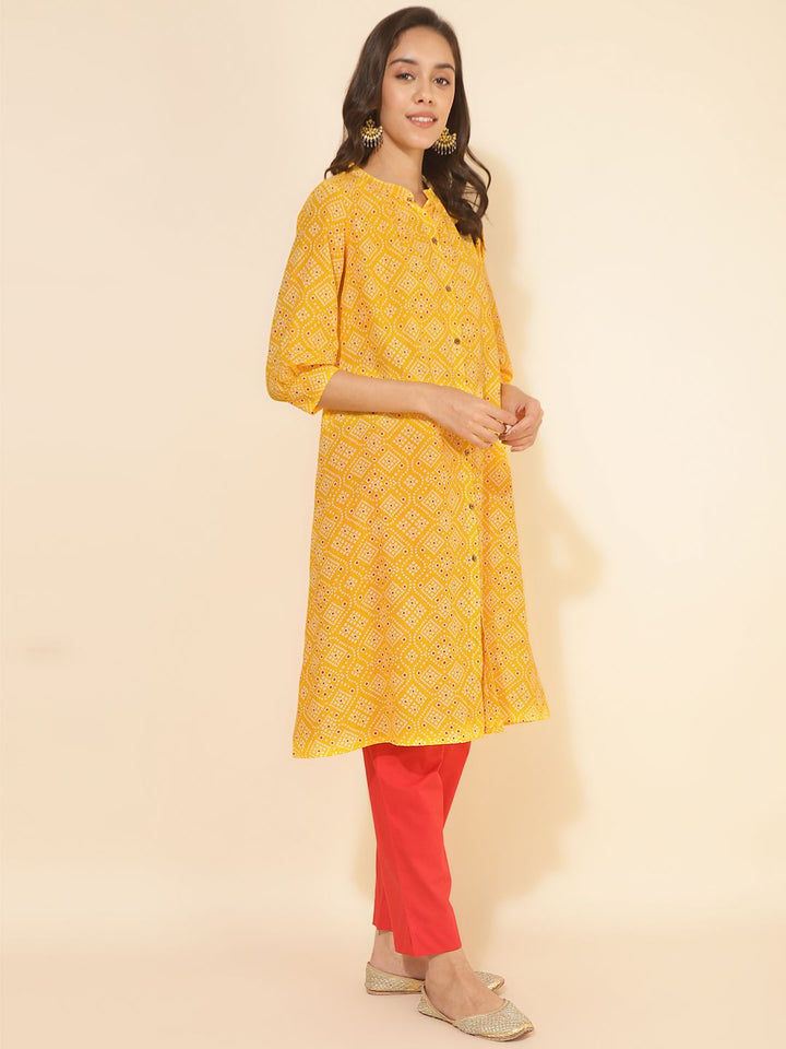 Yellow Cotton Bandhani Printed Kurta