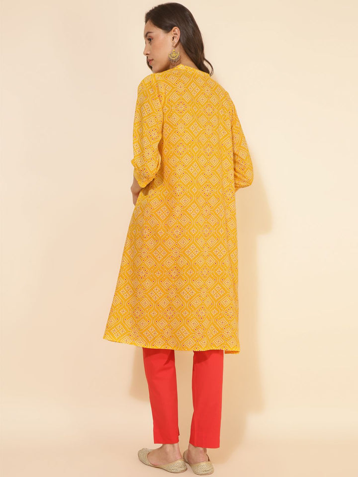 Yellow Cotton Bandhani Printed Kurta