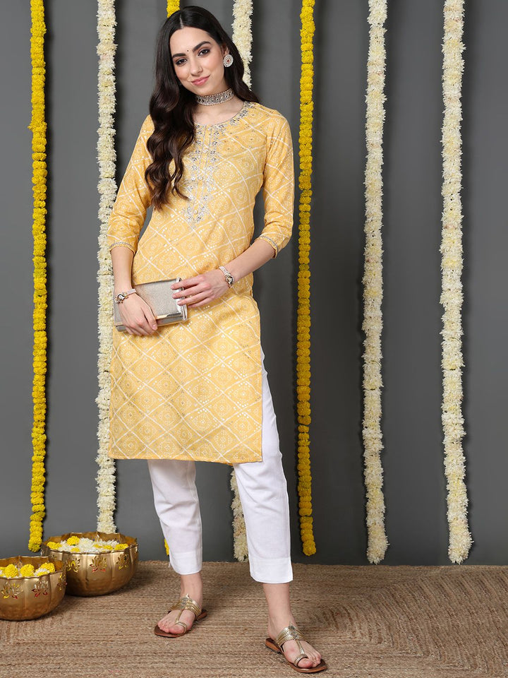 ZERESOUQ-Yellow-Cotton-Blend-Bandhani-Printed-Straight-Kurta