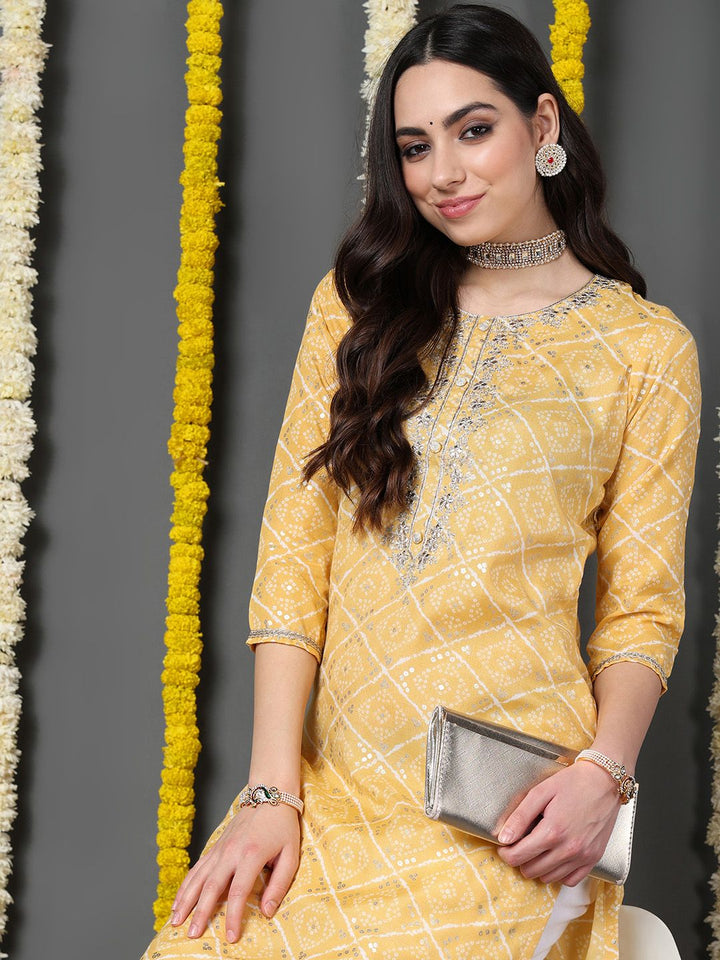 ZERESOUQ-Yellow-Cotton-Blend-Bandhani-Printed-Straight-Kurta