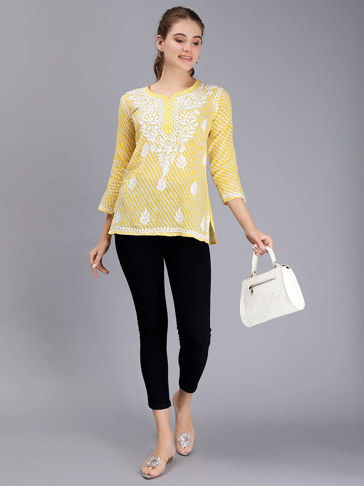 Yellow Cotton Chikankari Embroidered Tunic Top