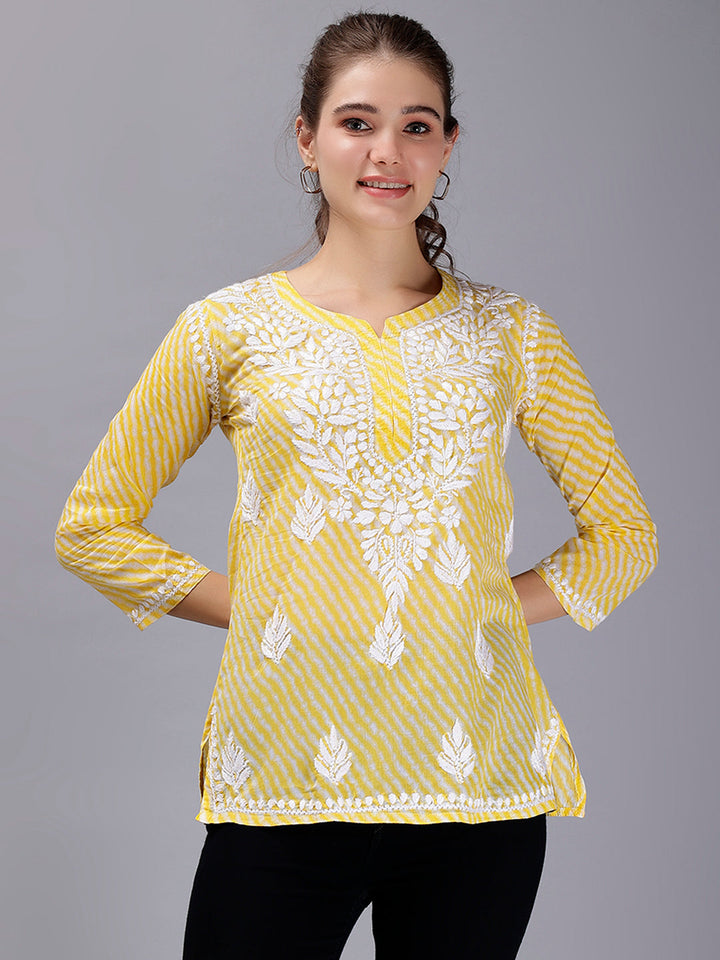 Yellow Cotton Chikankari Embroidered Tunic Top