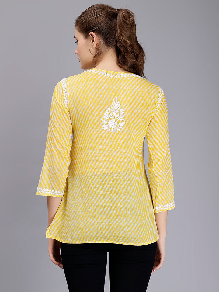 Yellow Cotton Chikankari Embroidered Tunic Top