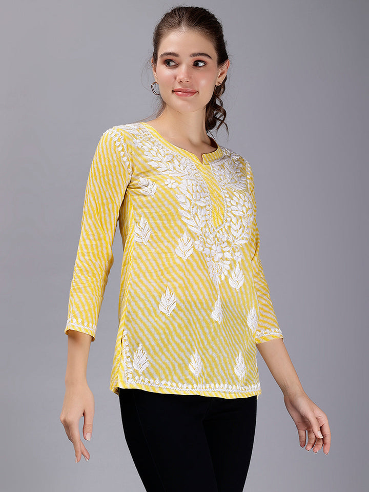 Yellow Cotton Chikankari Embroidered Tunic Top