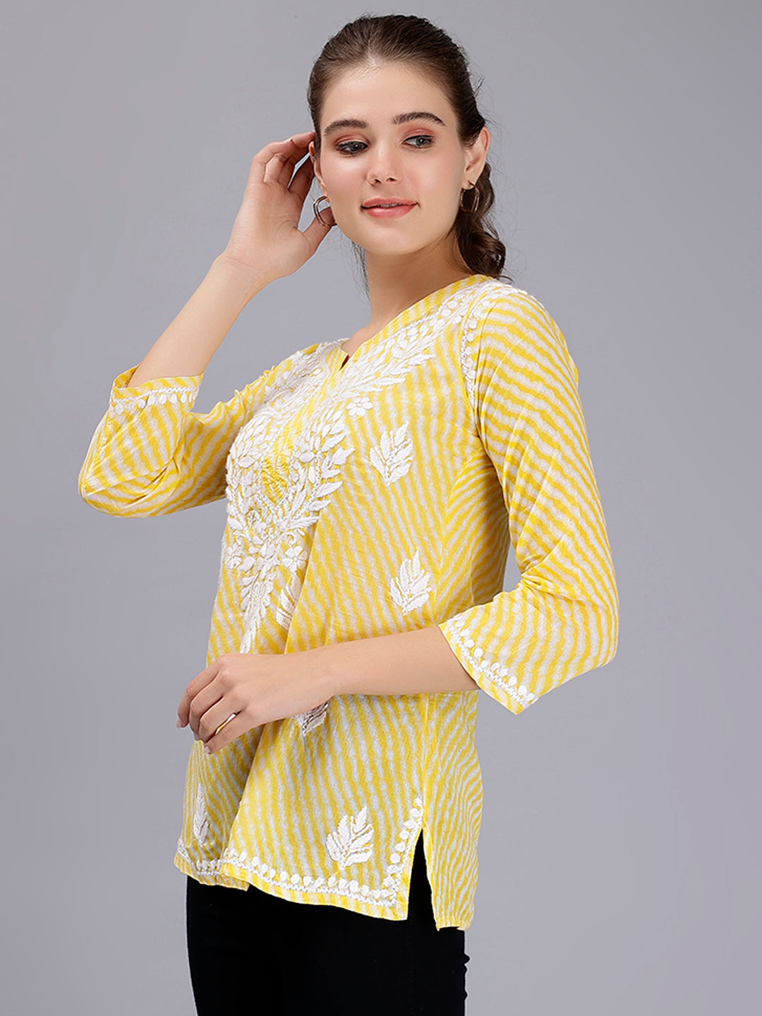 Yellow Cotton Chikankari Embroidered Tunic Top