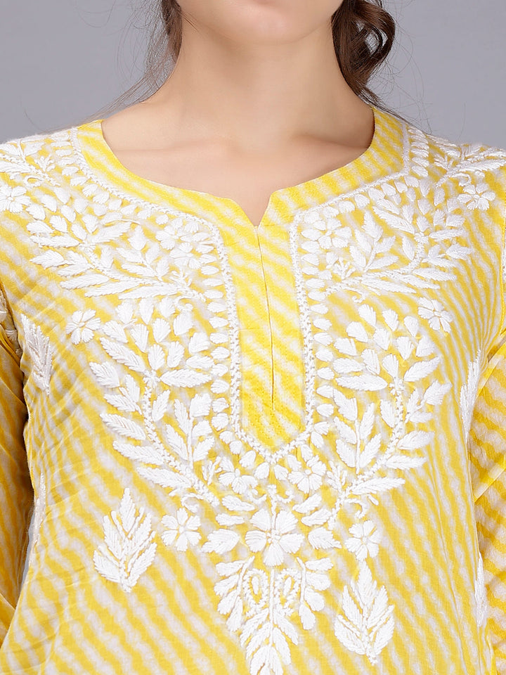Yellow Cotton Chikankari Embroidered Tunic Top