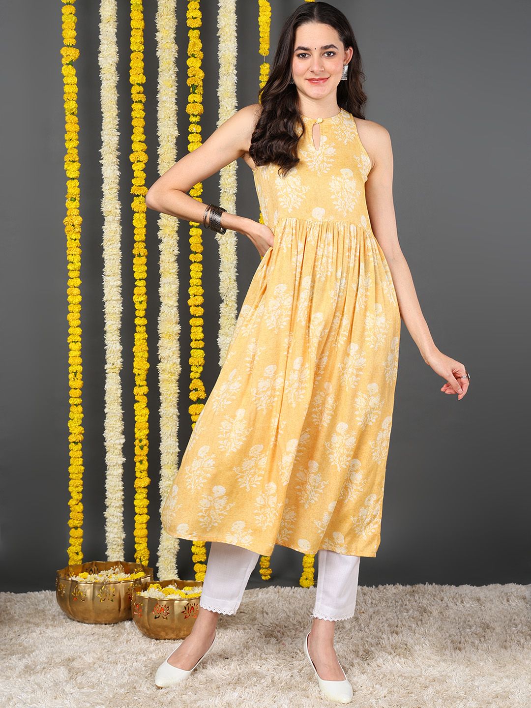 ZERESOUQ-Yellow-Cotton-Ethnic-Motifs-Printed-A-Line-Kurta