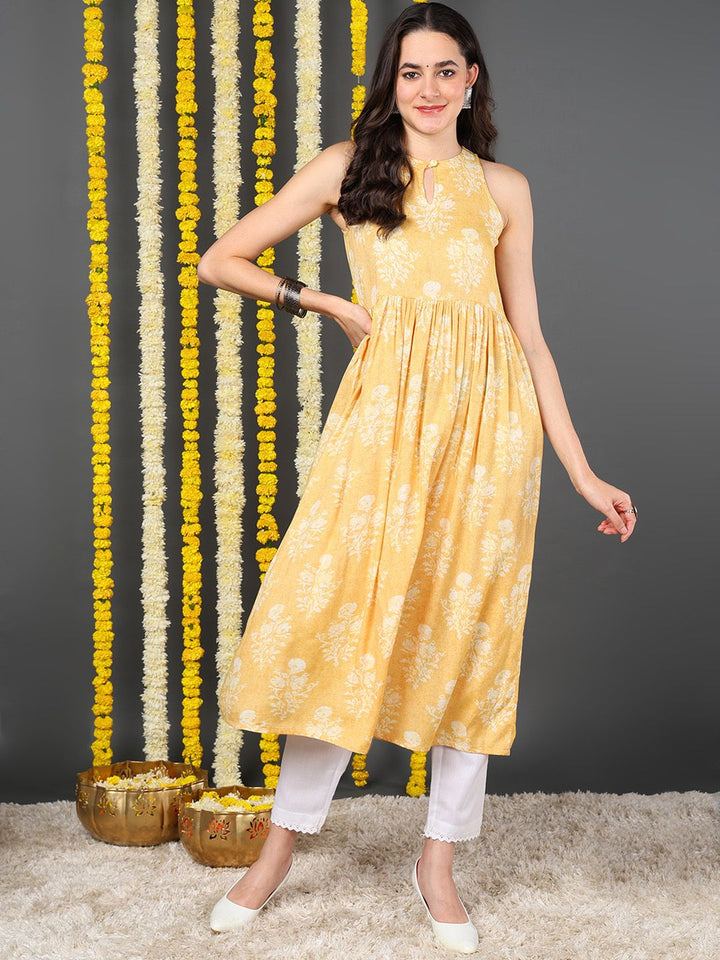 Yellow Cotton Ethnic Motifs Printed A-Line Kurta