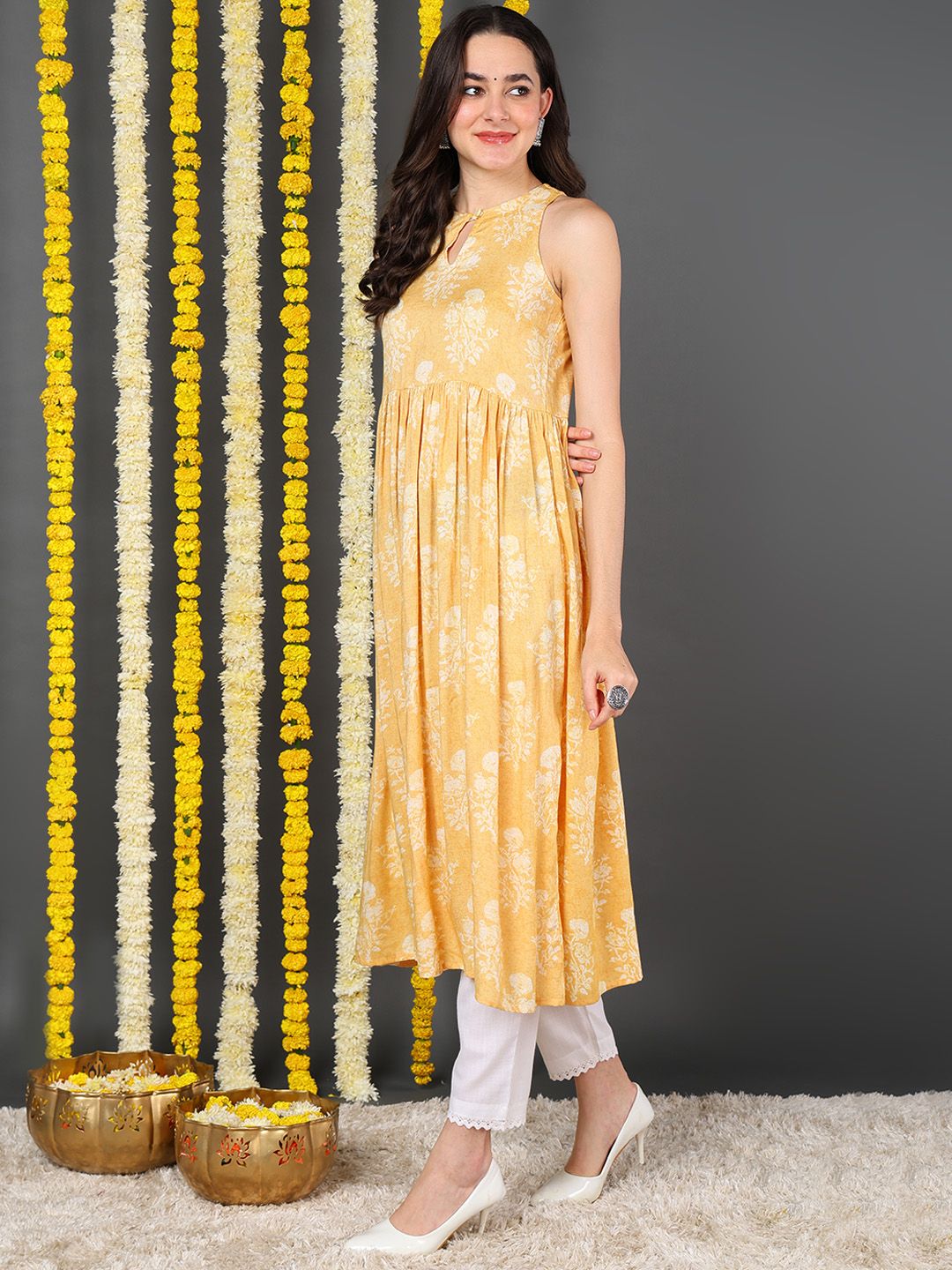 ZERESOUQ-Yellow-Cotton-Ethnic-Motifs-Printed-A-Line-Kurta