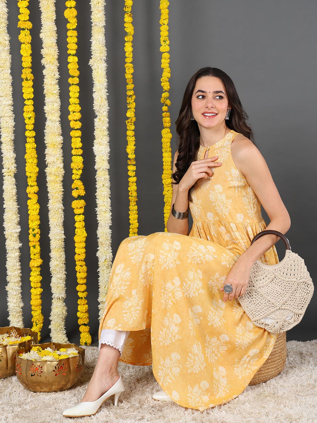 Yellow Cotton Ethnic Motifs Printed A-Line Kurta