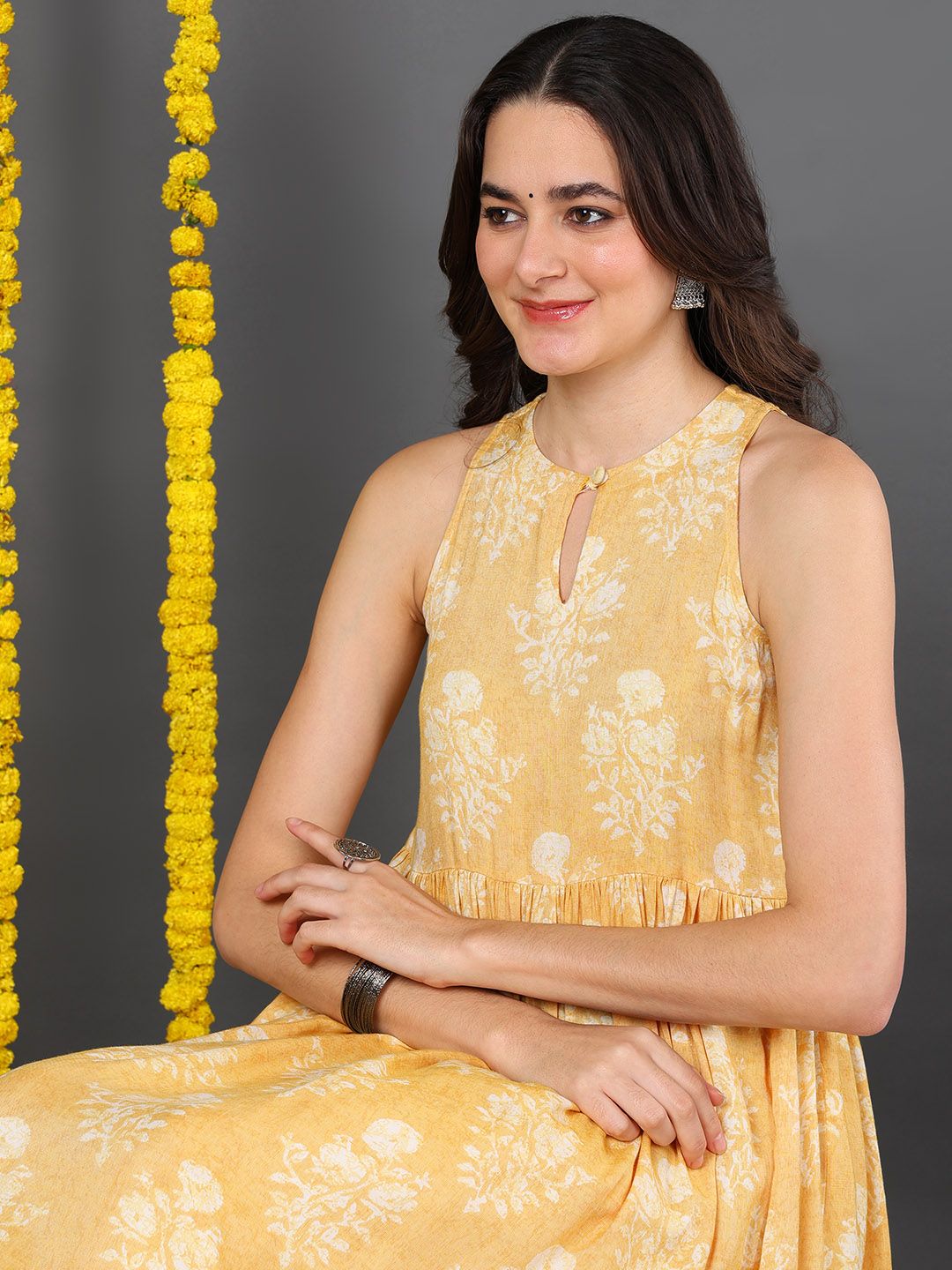 Yellow Cotton Ethnic Motifs Printed A-Line Kurta