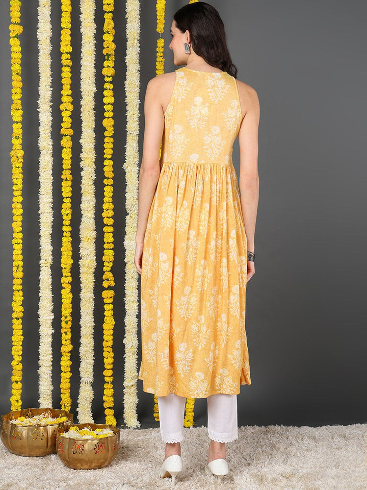 ZERESOUQ-Yellow-Cotton-Ethnic-Motifs-Printed-A-Line-Kurta