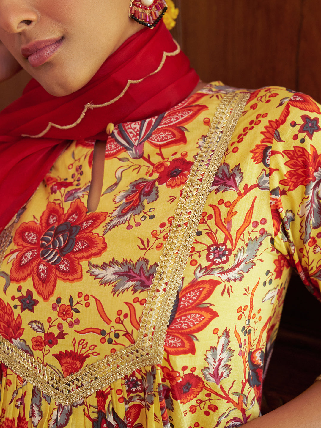 Light Yellow & Red Cotton Floral Printed Kurta Suit Set