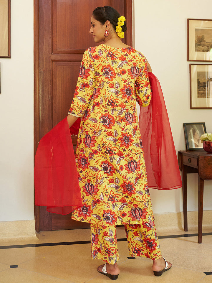 Light Yellow & Red Cotton Floral Printed Kurta Suit Set