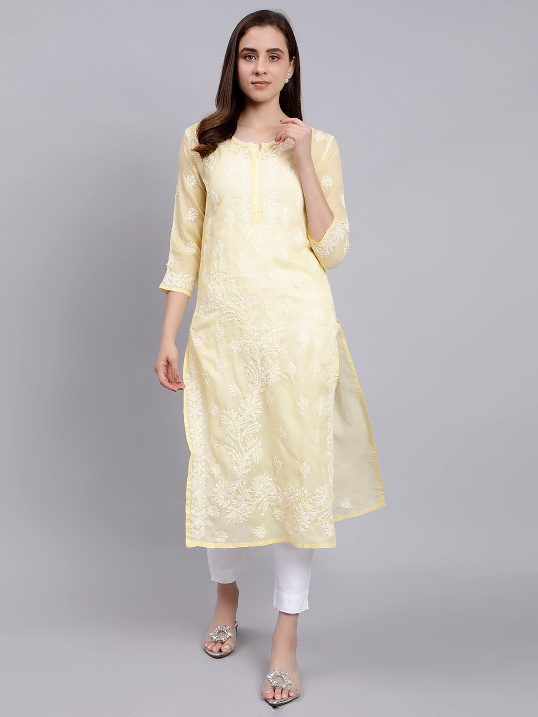 Yellow Cotton Lucknowi Chikankari Embroidered Kurti