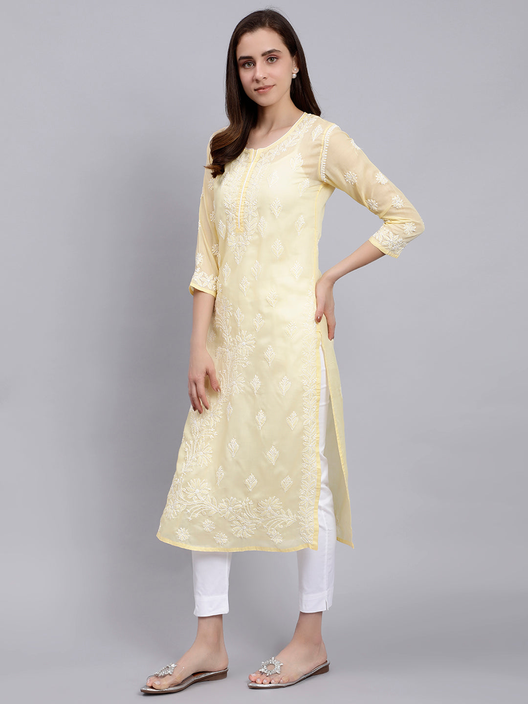 Yellow Cotton Lucknowi Chikankari Embroidered Kurti