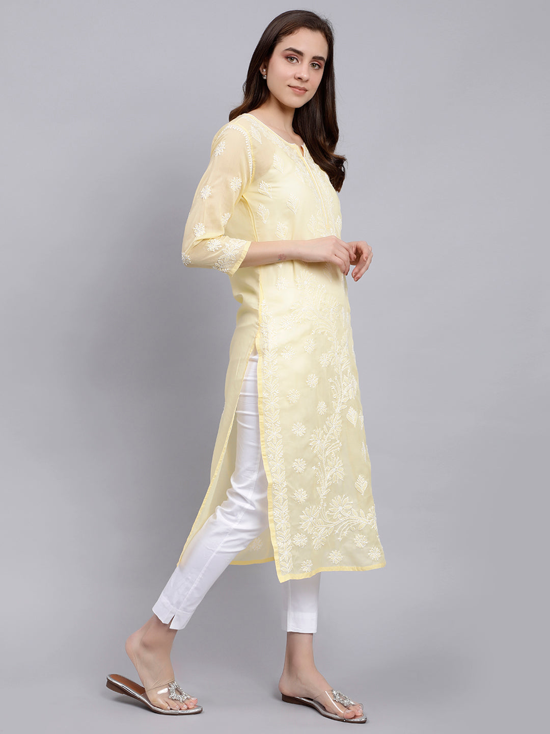 Yellow Cotton Lucknowi Chikankari Embroidered Kurti