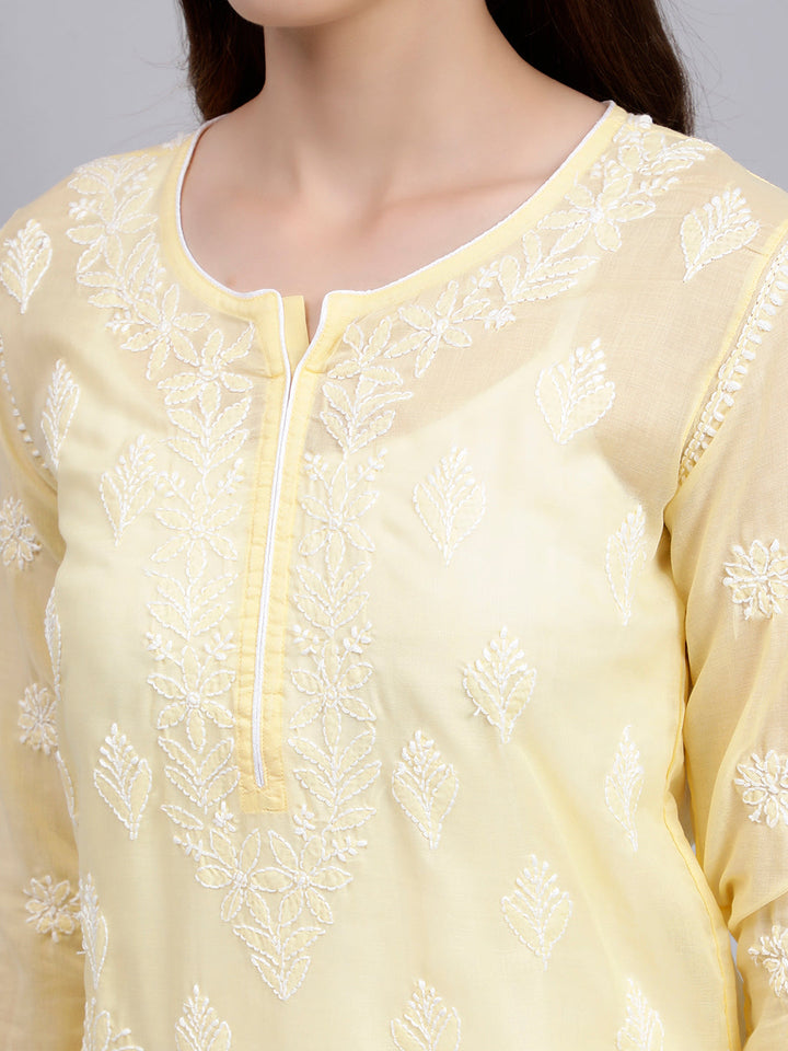 Yellow Cotton Lucknowi Chikankari Embroidered Kurti