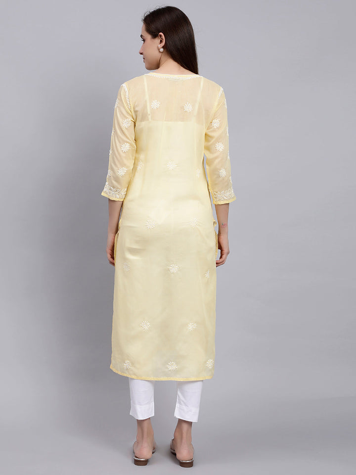 Yellow Cotton Lucknowi Chikankari Embroidered Kurti