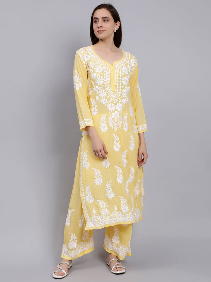 Yellow Cotton Lucknowi Chikankari Kurta With Palazzo Set