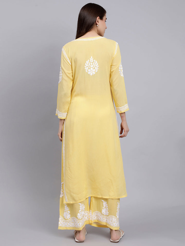 Yellow Cotton Lucknowi Chikankari Kurta With Palazzo Set