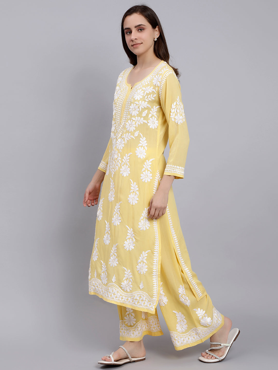 Yellow Cotton Lucknowi Chikankari Kurta With Palazzo Set